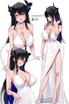  1girl asymmetrical_horns black_hair blue_hair breasts choker cleavage colored_inner_hair commentary covered_navel dress flower full_body full_cleavage hand_up high_heels highres hololive hololive_english horn_flower horns large_breasts long_hair looking_at_viewer mole mole_under_eye multicolored_hair multiple_views nerissa_ravencroft oioi_ainomo paid_reward_available parted_lips purple_eyes shoes sidelocks simple_background sleeveless sleeveless_dress uneven_horns untranslatable_commentary very_long_hair virtual_youtuber white_background white_choker white_dress white_shoes 