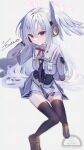  1girl absurdres black_thighhighs blue_archive commentary_request expressionless grey_serafuku grey_wings halo head_wings headphones highres id_card long_hair looking_at_viewer pink_halo school school_uniform serafuku single_head_wing single_wing sitting solo suzumi_(blue_archive) syanikamaboko thighhighs trinity_general_school_logo watermark white_background wings 