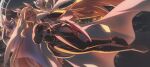  1girl absurdres blonde_hair bodysuit breasts cape city commentary goddess_of_victory:_nikke hair_between_eyes high_up highres long_hair looking_at_viewer midair night nun official_alternate_costume one_eye_closed parted_lips rapunzel_(nikke) solo veil very_long_hair yt9676 