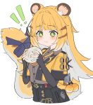  ! !! 1girl :3 animal_ear_fluff animal_ears atocyi_(atocyi_no_heya) blonde_hair blush bow chewing colored_inner_hair commentary_request dumpling eating fingerless_gloves food gloves green_eyes highres holding holding_food jacket ju_fufu long_hair multicolored_hair shirt simple_background smile solo steamed_bun striped_fur striped_hair tail tail_bow tail_ornament tiger_ears tiger_girl tiger_stripes tiger_tail white_hair yellow_jacket zenless_zone_zero 