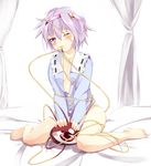  barefoot bed blush bottomless breasts canopy_bed collarbone eyeball gorilla_(bun0615) heart highres komeiji_satori looking_at_viewer medium_breasts mouth_hold naked_shirt on_bed one_eye_closed open_clothes open_shirt purple_eyes purple_hair shirt short_hair sitting sitting_on_bed solo tears third_eye touhou v_arms wariza 