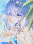  1girl absurdres artist_name bare_shoulders bikini blue_choker blue_hair blue_sky bracelet braid breasts bright_pupils choker closed_mouth cloud cloudy_sky colored_inner_hair commentary cup day diamond_in_eye drink drinking_glass drinking_straw feathered_wings fingerless_gloves fingernails flower flower_choker gloves hair_between_eyes hair_ornament halo hand_on_own_face hand_up head_wings highres honkai:_star_rail honkai_(series) ieririr jewel_under_eye jewelry lips long_hair looking_at_viewer medium_breasts multicolored_hair o-ring o-ring_choker outdoors palm_leaf pearl_hair_ornament purple_eyes purple_hair robin_(honkai:_star_rail) robin_(summeretto)_(honkai:_star_rail) side_braid signature single_braid single_sidelock sky smile solo star_(symbol) star_in_eye starfish_hair_ornament summer swimsuit symbol_in_eye untranslatable_commentary very_long_hair wavy_hair white_bikini white_flower white_gloves white_pupils wings 