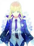  ahoge artoria_pendragon_(all) blonde_hair boutonniere character_name fate/zero fate_(series) flower formal green_eyes hair_ribbon long_hair long_sleeves necktie pant_suit ribbon saber solo suit youaresober 