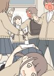  2boys 4girls ? @_@ ^^^ black_pantyhose blank_eyes blood blush brown_cardigan brown_hair cardigan chestnut_mouth clothes_pull collared_shirt commentary_request dress_shirt full-face_blush grey_pantyhose grey_skirt indoors juukyuu kaede_(juukyuu) multiple_boys multiple_girls nosebleed open_mouth original pantyhose pantyhose_pull parted_lips pleated_skirt ponytail school_uniform shirt skirt small_sweatdrop solid_circle_eyes sweat tomo_(juukyuu) wakana_(juukyuu) white_shirt yui_(juukyuu) 