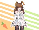  1girl animal_ears black_thighhighs blush bow brown_hair carrot carrot_hair_ornament carrot_necklace colorful colorful_background commentary dress food-themed_hair_ornament hair_ornament jewelry necklace original pixel_art rabbit rabbit_ears shmitty solo thighhighs untranslatable_commentary white_background white_bow white_dress 