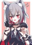  1girl animal_ear_fluff animal_ears bandaid bandaid_on_face bare_shoulders belt_collar black_choker black_dress black_gloves black_tank_top border chest_sarashi choker claw_pose collar colored_inner_hair commentary_request crossed_bangs dress fang furrowed_brow gauze_on_arm gloves grey_hair hair_between_eyes hair_ornament highres kemonomimi_mode looking_at_viewer mahou_shoujo_no_majo_saiban multicolored_hair nail_polish open_mouth outline red_background red_eyes red_hair red_nails sarashi shito_alisa short_hair simple_background skin_fang solo stitched_face stitches tank_top torikago_sekai upper_body white_border white_outline x_hair_ornament 