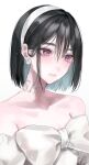  1girl alien_stage bare_shoulders black_hair bow chest_bow commentary dress_bow earrings hairband highres jewelry moruru_08 neck_tattoo pearl_earrings portrait purple_eyes short_hair simple_background solo sphere_earrings sua_(alien_stage) tattoo white_bow 