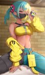  1girl aqua_hair baggy_pants bandeau bare_shoulders black_mask blonde_hair blue_eyes blush breasts canari_(pokemon) commentary_request criss-cross_straps dark-skinned_female dark_skin highres holding holding_poke_ball jacket looking_at_viewer mask medium_breasts mega_stone mouth_mask multicolored_hair navel nishinokyo pants poke_ball pokemon pokemon_legends:_z-a quick_ball sitting solo split-color_clothes split-color_hair sports_bra twintails two-tone_mask two-tone_pants yellow_bandeau yellow_jacket yellow_mask yellow_sports_bra 