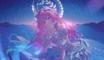  1girl bare_shoulders breasts commentary_request cropped cyrene_(demiurge)_(honkai:_star_rail) cyrene_(honkai:_star_rail) dress finger_to_mouth hair_intakes halo halo_behind_head highres holz honkai:_star_rail honkai_(series) index_finger_raised large_breasts looking_at_viewer parted_lips pink_hair pointy_ears purple_eyes revision shushing sidelocks smile solo white_dress 