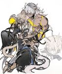  2boys absurdres animal_ears armor biting black_boots black_cape black_pants blonde_hair blush boots braid cape cat_boy cat_ears cat_tail clenched_hand closed_eyes cracked_skin cuffs dark-skinned_male dark_skin detached_arm detached_collar feet_out_of_frame from_behind gauntlets grey_hair gyulseu hair_between_eyes hair_ornament hair_tubes hand_on_another's_head hand_on_another's_waist hand_up highres honkai:_star_rail honkai_(series) jewelry kemonomimi_mode long_hair looking_at_another looking_up low-braided_long_hair low-tied_long_hair male_focus multiple_boys multiple_braids muscular muscular_male nanook_(honkai:_star_rail) neck_ring pants pauldrons phainon_(honkai:_star_rail) phainon_(khaslana)_(honkai:_star_rail) scar scar_on_face short_hair shoulder_armor simple_background single_gauntlet single_hair_tube single_pauldron sitting size_difference snow_leopard_boy snow_leopard_ears snow_leopard_tail spread_legs sun_symbol sweat tail teeth torn_clothes v-shaped_eyebrows very_long_hair waist_cape white_background yaoi yellow_eyes 
