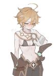 1boy absurdres aether_(genshin_impact) ahoge arm_guards artist_name baggy_pants bare_shoulders belt black_bra black_pants blonde_hair blush bra braid brown_belt brown_gloves clenched_hands commentary cowboy_shot foaaaaaaau genshin_impact gloves hair_between_eyes half-closed_eyes hand_on_own_hip highres long_hair looking_at_viewer low-braided_long_hair low-tied_long_hair male_focus navel open_mouth pants scarf simple_background single_braid solo standing star_(symbol) underwear white_background white_scarf yellow_eyes 