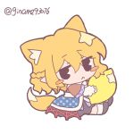 1girl :< animal_ears arm_warmers black_skirt blonde_hair blush_stickers brown_shirt chibi chibi_only closed_mouth commentary food fox_ears fox_girl fox_tail fruit hair_between_eyes highres kemonomimi_mode lemon looking_at_viewer mizuhashi_parsee pointy_ears scarf shirt silverrain simple_background skirt solo tail touhou twitter_username white_background white_scarf 