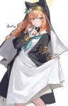 1girl aqua_eyes aqua_neckerchief armlet blue_archive bracelet braid cat_girl commentary_request feet_out_of_frame finger_to_mouth gold_armlet gold_bracelet hair_tubes halo highres jewelry leviathan_(hikinito0902) long_hair looking_at_viewer mari_(blue_archive) neckerchief nun orange_hair shushing signature simple_background solo white_background 