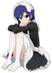  1girl apron black_dress blue_hair brown_eyes closed_mouth dress enmaided expressionless feet full_body highres idolmaster idolmaster_(classic) kisaragi_chihaya knees_up long_hair long_sleeves looking_at_viewer maid maid_headdress no_shoes panties pantyshot simple_background sitting soayo solo underwear white_apron white_background white_panties 