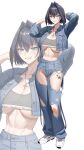  1girl abs absurdres arm_behind_head arms_up blue_eyes blue_hair blue_jacket blue_pants breasts character_name commentary cropped_jacket cross cross_necklace denim denim_jacket diamond_(shape) full_body grey_panties grey_sports_bra grin hair_intakes highres hololive hololive_english jacket jeans jewelry large_breasts looking_at_viewer navel necklace nike_(company) ouro_kronii panties pants panty_peek shoes short_hair simple_background smile solo sports_bra star_ornament stomach torn_clothes torn_jeans torn_pants underboob underwear virtual_youtuber white_background white_shoes zenya zoom_layer 