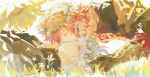  2boys black_coat blue_flower chest_tattoo coat dichlorvos earrings flower gold_earrings gradient_hair hand_on_another's_head head_wreath highres honkai:_star_rail honkai_(series) jewelry kiss male_focus multicolored_hair multiple_boys mydei_(honkai:_star_rail) pectorals phainon_(honkai:_star_rail) red_tattoo sun_symbol sun_tattoo tattoo upside-down_kiss white_hair yaoi 