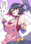  1girl black_choker breasts candy choker cleavage colored_inner_hair commentary_request cosplay ellen_joe fins fish_tail food food_in_mouth large_breasts lollipop lollipop_in_mouth mole mole_on_arm mole_under_eye multicolored_hair nodachi_(nodati51) pink_hair red_eyes shark_girl shark_tail short_hair solo speech_bubble tail translation_request two-tone_hair zenless_zone_zero 