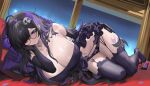  1girl bare_shoulders black_gloves black_hair blush bow bow_panties breasts cleavage closed_mouth commentary_request elbow_gloves garter_belt glasses gloves goddess_of_victory:_nikke hair_ornament hair_over_one_eye highres huge_breasts label_(nikke) long_hair looking_at_viewer lying navel on_side one_eye_covered otakueden1995 panties purple_eyes purple_garter_belt purple_hair purple_thighhighs skull_hair_ornament smile solo thighhighs thighs underwear 