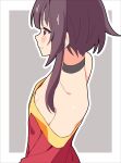  1girl absurdres bare_shoulders black_choker blush_stickers brown_hair choker commentary_request dress flat_chest from_side grey_background highres kono_subarashii_sekai_ni_shukufuku_wo! megumin noyama_takenoko off-shoulder_dress off_shoulder outline red_eyes short_hair_with_long_locks simple_background smile solo upper_body white_outline 