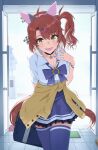  1girl absurdres ahoge animal_ears bag bag_charm black_choker blush bracelet breasts brown_cardigan brown_eyes brown_hair cardigan cardigan_around_waist charm_(object) checkered_ribbon choker clothes_around_waist collared_shirt commentary_request dantsu_flame_(umamusume) ear_covers ear_ribbon gyaru hair_between_eyes hairband highres hitempo holding horse_ears horse_girl horse_tail jewelry large_breasts looking_at_viewer multicolored_hair multicolored_nails open_mouth pink_hairband purple_skirt purple_thighhighs school_bag school_uniform shirt short_sleeves side_ponytail skirt smile solo tail thighhighs tracen_school_uniform umamusume white_hair white_shirt 