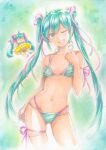  2girls ahoge aqua_background aqua_bikini aqua_eyes aqua_hair aqua_one-piece_swimsuit ass_visible_through_thighs bikini chibi chibi_miku_(mayo_riyo) closed_eyes collarbone commentary_request hair_ribbon hatsune_miku highres innertube long_hair looking_at_viewer mayo_riyo multi-strapped_bikini_bottom multi-strapped_bikini_top multi-strapped_swimsuit multicolored_bikini multiple_girls navel one-piece_swimsuit one_eye_closed pink_ribbon ribbon smile standing striped_bikini striped_clothes striped_one-piece_swimsuit swim_ring swimsuit teeth twintails two-tone_bikini two-tone_one-piece_swimsuit very_long_hair vocaloid white_bikini white_one-piece_swimsuit white_ribbon 