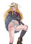  1girl absurdres berit_(eisu) blonde_hair blue_eyes borrowed_character clothes_lift commentary from_below hair_between_eyes happy_birthday headband highres long_hair navel original panties plamja_jukov school_uniform serafuku simple_background skirt skirt_lift solo tiara underwear white_background white_panties 