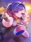  1girl absurdres ahoge akebono_hio baseball_uniform belt blue_hair blush can canned_coffee colored_eyelashes commentary_request drink_can from_above gradient_hair hair_ornament high_ponytail highres holding holding_can jacket jikkyou_powerful_pro_yakyuu jikkyou_powerful_pro_yakyuu_(style) long_hair multicolored_hair multicolored_jacket multicolored_shoes no_mouth official_artist_extra on_bench open_clothes open_jacket orange_hair pants parmesan_(zan_parmesanne) pink_belt pink_hair pink_shoes ponytail power_pro_appli rayman_limbs red_jacket shoes sidelocks sitting solo sportswear steaming_body track_jacket twitter_username two-tone_shoes white_jacket white_pants white_shoes 