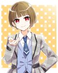  1girl birdcage_(love_live!) blue_necktie blue_vest blunt_bangs bob_cut border brown_hair collared_shirt commentary grey_jacket highres inverted_bob jacket kachimachi_kosuzu kanduki_kamibukuro looking_at_viewer love_live! love_live!_hasu_no_sora_jogakuin_school_idol_club necktie offering_hand open_clothes open_jacket outside_border plaid_clothes plaid_jacket red_eyes shirt short_hair short_necktie solo upper_body vest virtual_youtuber white_border white_shirt yellow_background 