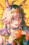  ahoge animal_ears blue_eyes burger deiimonde eating food food_on_face hair_between_eyes highres holding holding_burger holding_food horse_ears horse_girl long_hair looking_at_viewer oguri_cap_(starlight_beat)_(umamusume) oguri_cap_(umamusume) open_mouth shirt umamusume white_hair white_shirt 