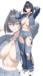  1girl abs absurdres arm_behind_head arms_up blue_eyes blue_hair blue_jacket blue_pants breasts character_name commentary cropped_jacket cross cross_necklace denim denim_jacket diamond_(shape) full_body grey_panties grin hair_intakes highres hololive hololive_english jacket jeans jewelry large_breasts looking_at_viewer navel necklace nike_(company) no_bra ouro_kronii panties pants panty_peek shoes short_hair simple_background smile solo star_ornament stomach torn_clothes torn_jeans torn_pants underwear virtual_youtuber white_background white_shoes zenya zoom_layer 