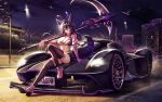  1girl absurdres ahoge animal_ears aston_martin aston_martin_valkyrie black_hair black_shorts breasts brown_thighhighs car character_request cityscape cleavage commentary commission crop_top elbow_gloves english_commentary fox_ears fox_girl fox_tail gloves hairband high_heels highleg highres holding holding_scythe kcar66t knee_up large_breasts long_hair looking_at_viewer midriff motor_vehicle multicolored_hair navel night original outdoors over_shoulder panty_straps pink_gloves pink_shoes purple_eyes purple_hair race_queen scythe shirt shoes short_shorts short_sleeves shorts single_elbow_glove smile solo sports_car stomach streaked_hair tail thighhighs thighs weapon weapon_over_shoulder white_shirt 