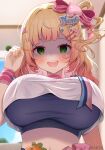  1girl alternate_breast_size_(larger) blonde_hair blush breasts commentary_request crop_top crop_top_overhang empty_eyes evil_smile fang from_below gradient_hair green_eyes hair_ornament hair_ribbon highres hololive indoors large_breasts long_hair looking_at_viewer midriff mimikaki momosuzu_nene momosuzu_nene_(cheerleader) multicolored_hair nekko_(momosuzu_nene) official_alternate_costume one_side_up open_mouth orange_nails pink_hair ribbon shaded_face smile solo sports_bra star_(symbol) star_sticker sticker sticker_on_face suicabar72 taut_clothes twitter_username upper_body virtual_youtuber wavy_hair yandere 