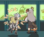 2girls against_glass arcade arknights character_doll chibi commentary_request crane_game doll dragon_girl dragon_horns dragon_tail highres horns ifrit_(arknights) konno_akikaze magallan_(arknights) material_growth mayer_(arknights) multiple_girls oripathy_lesion_(arknights) playing_games ptilopsis_(arknights) saria_(arknights) silence_(arknights) stuffed_animal stuffed_owl stuffed_toy tail 