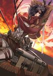  belt black_eyes black_hair citemer dual_wielding emblem holding jacket mikasa_ackerman paradis_military_uniform scarf shingeki_no_kyojin short_hair solo sword thigh_strap three-dimensional_maneuver_gear training_corps_(emblem) weapon 