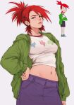  1girl absurdres black_nails breasts choker commentary crop_top ear_piercing earrings english_commentary foster's_home_for_imaginary_friends frankie_foster freckles green_hoodie green_jacket hair_ornament hairclip hand_on_own_hip highres hood hoodie jacket jewelry large_breasts looking_at_viewer navel piercing ponytail powerpuff_girls red_hair reference_inset scowl skirt yoracrab 