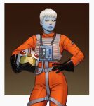  1girl absurdres alien birdyraider black_gloves gloves grey_eyes grey_hair helmet highres holding holding_unworn_helmet jumpsuit looking_at_viewer orange_jumpsuit pantoran short_hair solo star_wars unworn_headwear unworn_helmet 