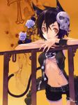  animal_ears black_hair brown_eyes cat_ears flower hair_ornament highres looking_at_viewer navel open_clothes open_mouth open_shirt original railing shirt short_hair short_sleeves shorts shounen_democratica skull_hair_ornament solo tail 