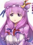 blush breasts crescent hair_ribbon hat heart heart-shaped_pupils highres large_breasts long_hair looking_at_viewer patchouli_knowledge purple_eyes purple_hair ribbon simple_background solo sorano_(12gou) symbol-shaped_pupils touhou white_background 