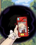  1girl 1other ascot black_vest blonde_hair collared_shirt commentary darkness day english_commentary hair_ribbon highres holding_another's_wrist holding_pokedex long_sleeves looking_at_viewer outdoors pokedex pokemon pov red_ascot red_eyes red_ribbon ribbon rumia shirt touhou umbrakinesis v vest white_shirt xinumizu 