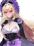  1girl black_corset blonde_hair breasts cleavage commentary_request corset dress dulcinea_(project_moon) expressionless frilled_dress frills full_cleavage headdress kuroi_kuro_neko large_breasts limbus_company long_hair looking_at_viewer project_moon red_eyes simple_background solo vampire white_background 