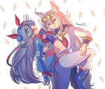  2girls absurdres ahoge animal_ears belt black_pantyhose blue_eyes blue_hairband blue_jacket blue_sailor_collar blue_shoes blue_skirt blue_sports_bra breasts brooch carrot closed_eyes closed_mouth ear_covers ear_ornament grey_hair grey_tail hair_between_eyes hairband headband highres horse_ears horse_girl horse_tail jacket jewelry karebu52 leg_up lightning_bolt_print lightning_bolt_symbol lipstick_mark long_hair long_sleeves midriff multicolored_hair multicolored_hairband multiple_girls neckerchief oguri_cap_(starlight_beat)_(umamusume) oguri_cap_(umamusume) open_mouth pants pantyhose pleated_skirt red_belt red_headband red_neckerchief red_socks sailor_collar shirt shoes skirt small_breasts smile socks sports_bra star_brooch striped_clothes striped_hairband tail tamamo_cross_(fast_as_lightning)_(umamusume) tamamo_cross_(umamusume) two-tone_hairband umamusume white_pants white_shirt yuri 