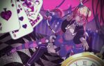  10rui 1girl ace_(playing_card) ace_of_spades asymmetrical_legwear black_ribbon black_shoes blurry blurry_foreground blush bow camila_inpu camila_inpu_(cami_3.0) card closed_mouth commentary eyelashes hair_ribbon hat highres indie_virtual_youtuber long_sleeves mismatched_legwear mismatched_thighhighs party_hat pink_bow pink_hair playing_card purple_bow purple_eyes purple_hat ribbon roman_numeral shoes six_of_hearts smile solo spade_(shape) sparkle striped_tail tail tail_bow tail_ornament thighhighs thighs twintails untranslatable_commentary virtual_youtuber zettai_ryouiki 