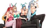  4girls absurdres animal_ears blonde_hair blue_hair blush bow bowtie breasts cleavage detached_collar eiyuu_densetsu elaine_auclair fake_animal_ears fishnet_pantyhose fishnets full_cleavage highres judith_lanster kai_no_kiseki kuro_no_kiseki_(series) legs leotard long_hair low_neckline moren_eh multicolored_hair multiple_girls one_eye_closed pantyhose playboy_bunny rabbit_ears risette_twinings shizuna_rem_misurugi simple_background sitting smile strapless strapless_leotard two-tone_hair white_hair white_wrist_cuffs wrist_cuffs 
