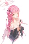  1girl absurdres bare_shoulders black_shirt blue_archive breasts cleavage commentary cosplay feathered_wings flower hair_bun hair_flower hair_ornament halo highres koharu_(blue_archive) koharu_(blue_archive)_(cosplay) mika_(blue_archive) open_clothes open_shirt pink_hair pink_halo purple_flower scrunchie shirt simple_background single_side_bun solo white_scrunchie white_wings wings wrecklyfan yellow_eyes 