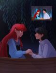 2girls black_hair blue_eyes boat couple cross cross_necklace highres holding_hands isatpanart jewelry lara_(sayonara_lara) long_hair multiple_girls necklace on_boat ootsu_mari open_collar red_hair reference_inset sayonara_lara scene_reference short_hair the_little_mermaid_(disney) very_long_hair watercraft yuri 