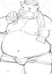  1boy after_bathing animal_ears bara belly boar_boy boar_ears bottle boxer_briefs bulge chest_tuft commentary_request cowboy_shot facial_hair fat fat_man furry furry_male ganglie_(housamo) greyscale harada_(basashi) jitome large_pectorals looking_at_viewer male_focus male_underwear milk_bottle mohawk monochrome mutton_chops navel nipples pectorals pig_nose sanpaku short_hair sketch solo sparse_stubble standing steam stomach thick_thighs thighs tokyo_afterschool_summoners towel tusks underwear 
