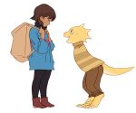  2others ankle_boots backpack bag boots brown_hair child closed_eyes dark_skin frisk_(undertale) full_body furry happyds monster_kid_(undertale) multiple_others short_hair simple_background standing striped_clothes undertale utdr_(toby_fox) 