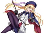  1girl absurdres artoria_caster_(fate) artoria_caster_(second_ascension)_(fate) artoria_pendragon_(fate) black_gloves black_pantyhose blonde_hair boots cloak commentary dress fate/grand_order fate_(series) gloves green_eyes hat highres holding holding_staff jacket long_hair looking_to_the_side lostorder open_mouth pantyhose pleated_dress simple_background solo staff tam_o'_shanter teeth transparent_background twintails upper_teeth_only very_long_hair white_dress 