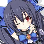  black_hair blush bow closed_mouth face kami_jigen_game_neptune_v meimu_(infinity) neptune_(series) noire one_eye_closed red_eyes smile solo twintails 