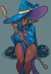 1girl absurdres bare_legs black_eyes blue_dress blue_hat borrowed_character breasts center_opening commentary dark-skinned_female dark_elf dark_skin dress elf green_hair grey_background hair_over_one_eye hat highres holding holding_staff large_breasts light_blush long_hair long_pointy_ears long_sleeves missandydandy mole mole_on_breast mole_on_stomach mole_on_thigh mole_under_eye original pointy_ears print_dress print_hat simple_background sitting solo staff star_(symbol) star_print untranslatable_commentary very_long_hair wide_sleeves witch_hat 